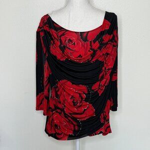 KEREN HART Black & Red Floral Rose Top Goth Office Siren Sz L/XL